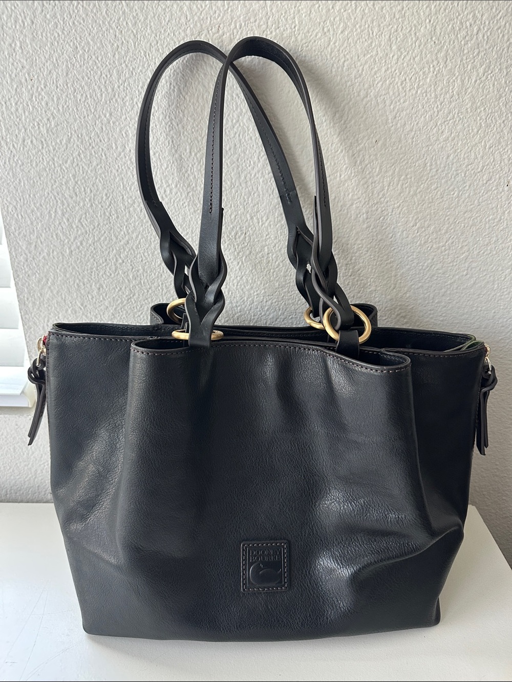 Vintage Dooney & Bourke Black Leather Tote with Braided Straps Gold Hardware